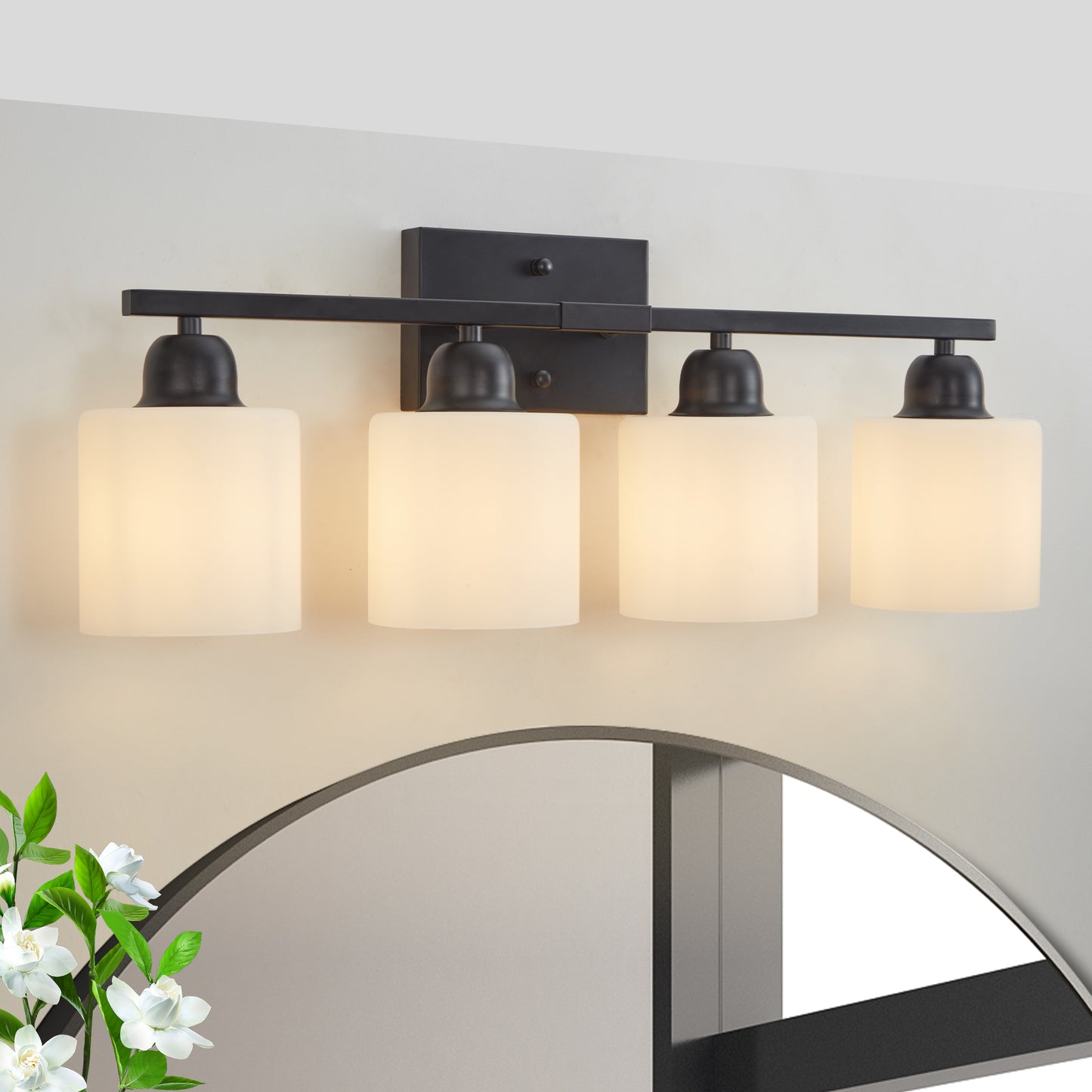 Black Bathroom Light Fixtures, 4-Light Modern Vanity Light Over Mirror, Wall Sconces with Milky White Frosted Glass Shades, E26 Socket (Bulbs Not Included)