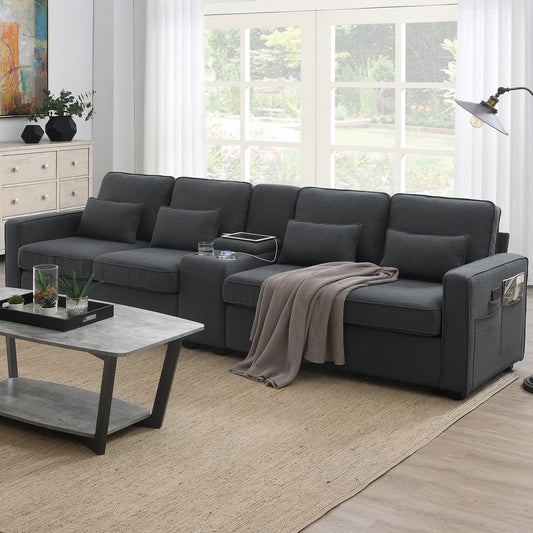 [New] 114.2" Upholstered Sofa with Console, 2 Cupholders and 2 USB Ports Wired or Wirelessly Charged, Modern Linen Fabric Couches with 4 Pillows for Living Room, Apartment (4-Seat)