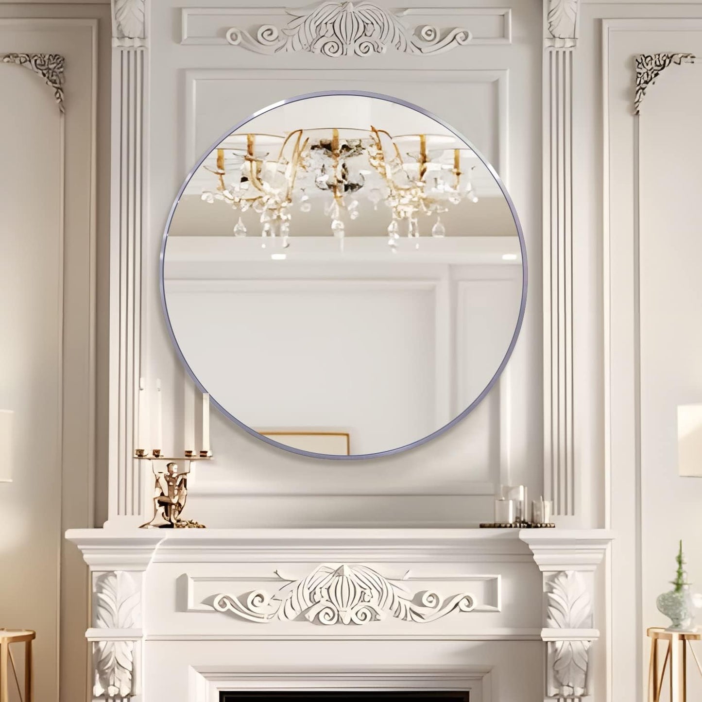 39 Inch Silver Metal Framed Round Bathrrom Mirror for Wall.(W2203134996)