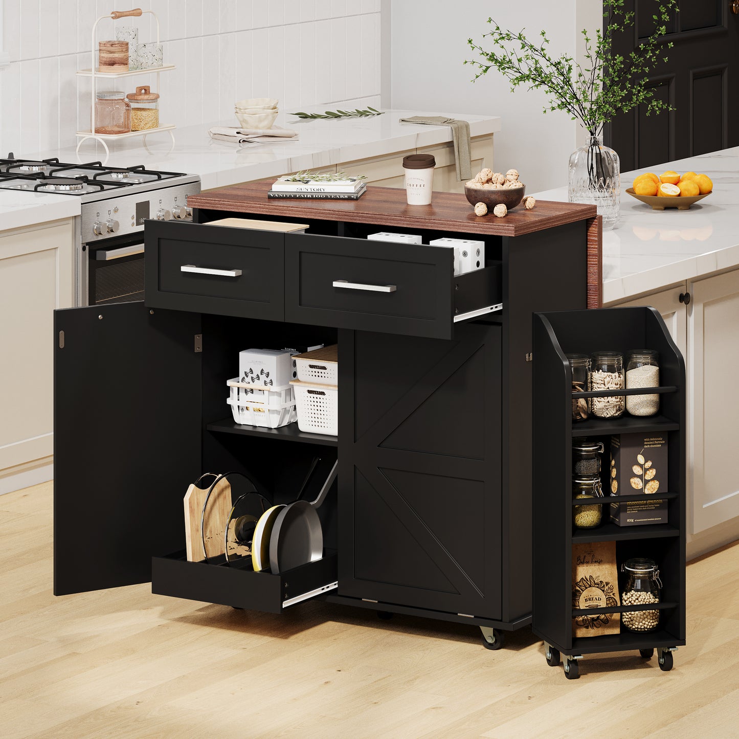 47.2" Farmhouse Kitchen Island with Drop Leaf, Kitchen Storage Island with Removable Side Racks, Two Drawers, Rolling Kitchen Cart on Wheels with Towel Rack, for Home, Kitchen, Dining Room, Black