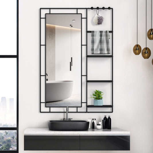 30X44 Ines Modern Vanity Mirror with Multi-functional Shelf, Large bathroom Mirror, Black Frame Decoration Mirror, Suitable for Bathroom, Living Room, Bedroom