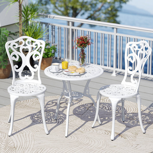 3 Piece All Weather Cast Aluminum Bistro Chairs and Table with Umbrella Holes-White