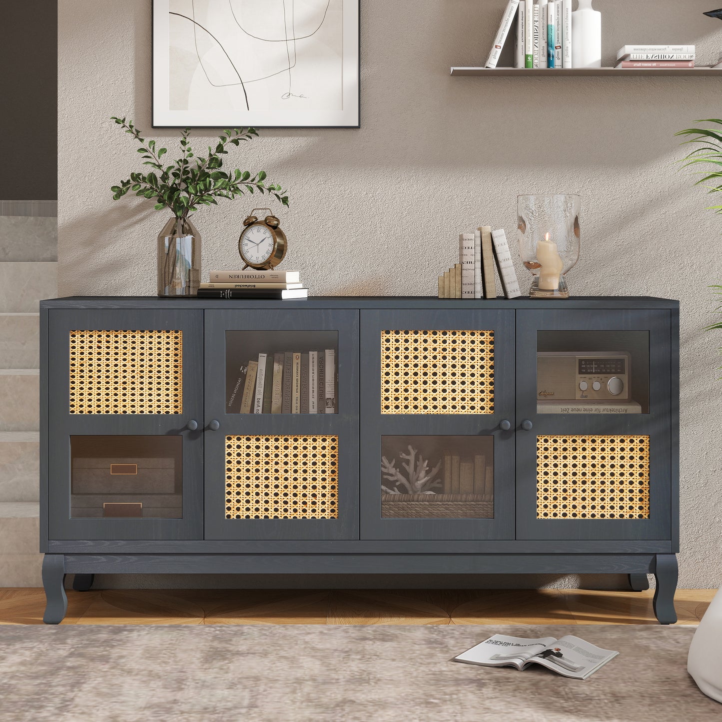 Retro 4-Door Sideboard with Large Storage Space Artificial Rattan Doors and Transparent Glass, Accent Cabinet for Entryway Dining Room Kitchen Living Room,(Industrial Grey)
