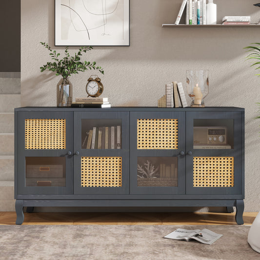 Retro 4-Door Sideboard with Large Storage Space Artificial Rattan Doors and Transparent Glass, Accent Cabinet for Entryway Dining Room Kitchen Living Room,(Industrial Grey)