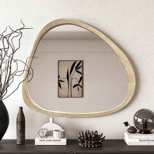 Solid Wood Mirror 45 Inch Asymmetrical Wall Mirror Wooden Framed Mirror Large Sized Dressing Mirror, for Living Room, Bedroom, Bathroom, Hallway or Entry Way, Natural Wood Washed