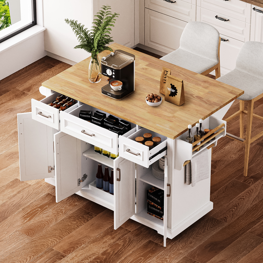 54inch Large Kitchen Island with Rubber Wood Drop Leaf, Embossed Texture Rolling Kitchen Cart on 4 Wheels with 4 Doors and 3 Drawers, Kitchen Island with Storage for Kitchen, Dining Room,White