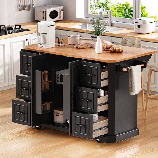 56 inch Kitchen Island with Rubber Wood Veneer Drop Leaf, Power Outlet, 4 Door Shelves, Embossed Vertical Stripe Rolling Kitchen Cart on 4 Wheels with 6 Deep Drawers for Kitchen, Dining Room,Black