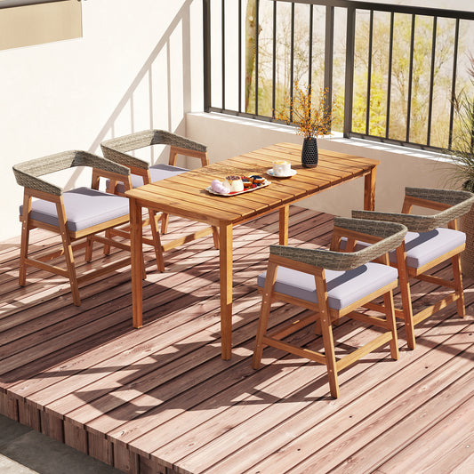 5 Piece Patio Dining Set Solid Wood with Rattan Backrest and Cushions