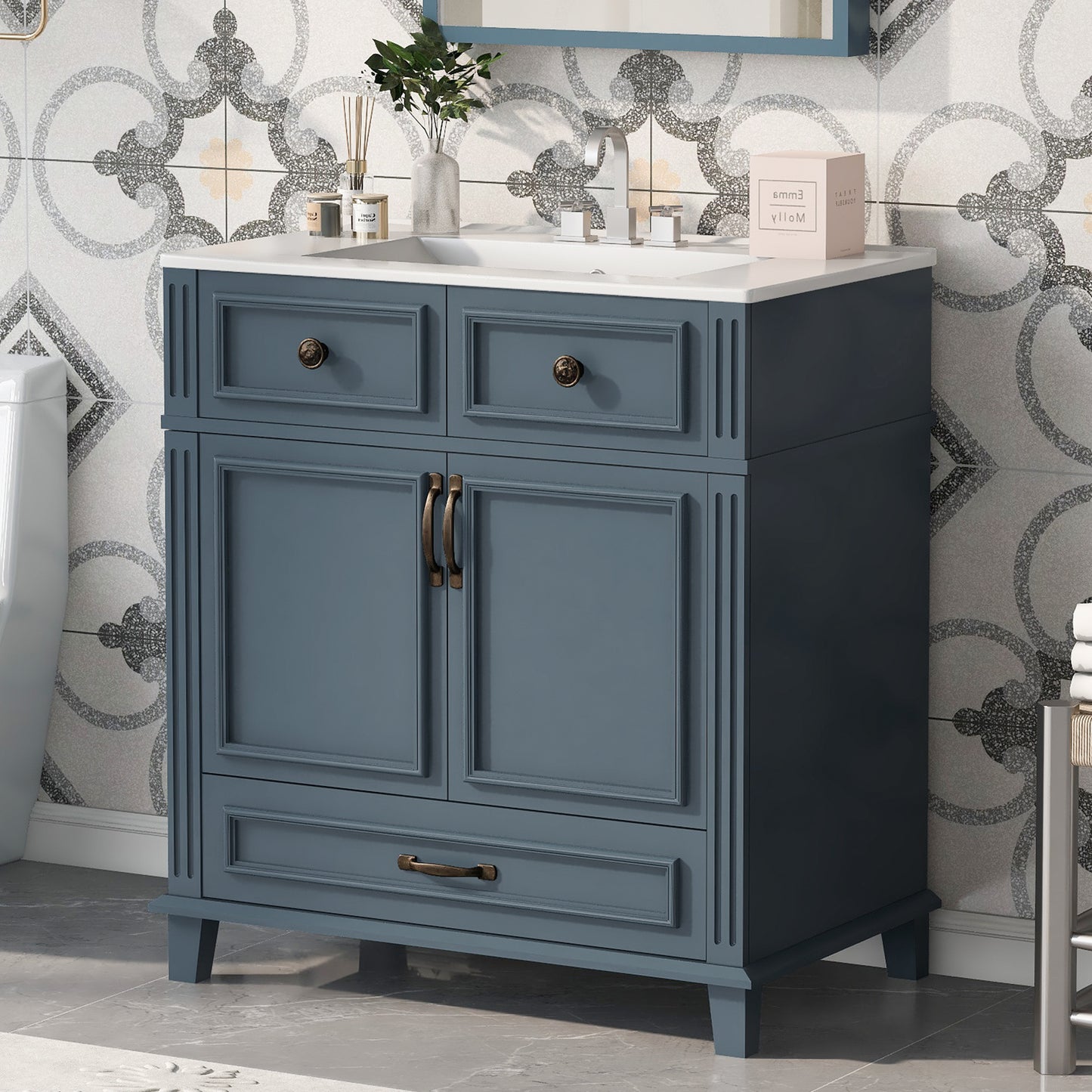 30'' Bathroom Vanity with Ceramic Sink,Solid Wood Frame Bathroom Storage Cabinet with Soft Closing Doors,Retro Style, Blue