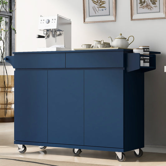 53.2''  Kitchen Island with Drop Leaf, Kitchen Storage Cart with Spice Rack, Towel Rack and 2 Drawers, Rolling Kitchen Island on Wheels with Adjustable Shelves for Kitchen, Dining Room, Navy Blue