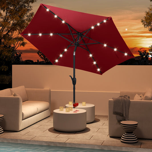 7.5 Feet Solar Powered Patio Umbrella with LED Lights and Crank Handle-Burgundy