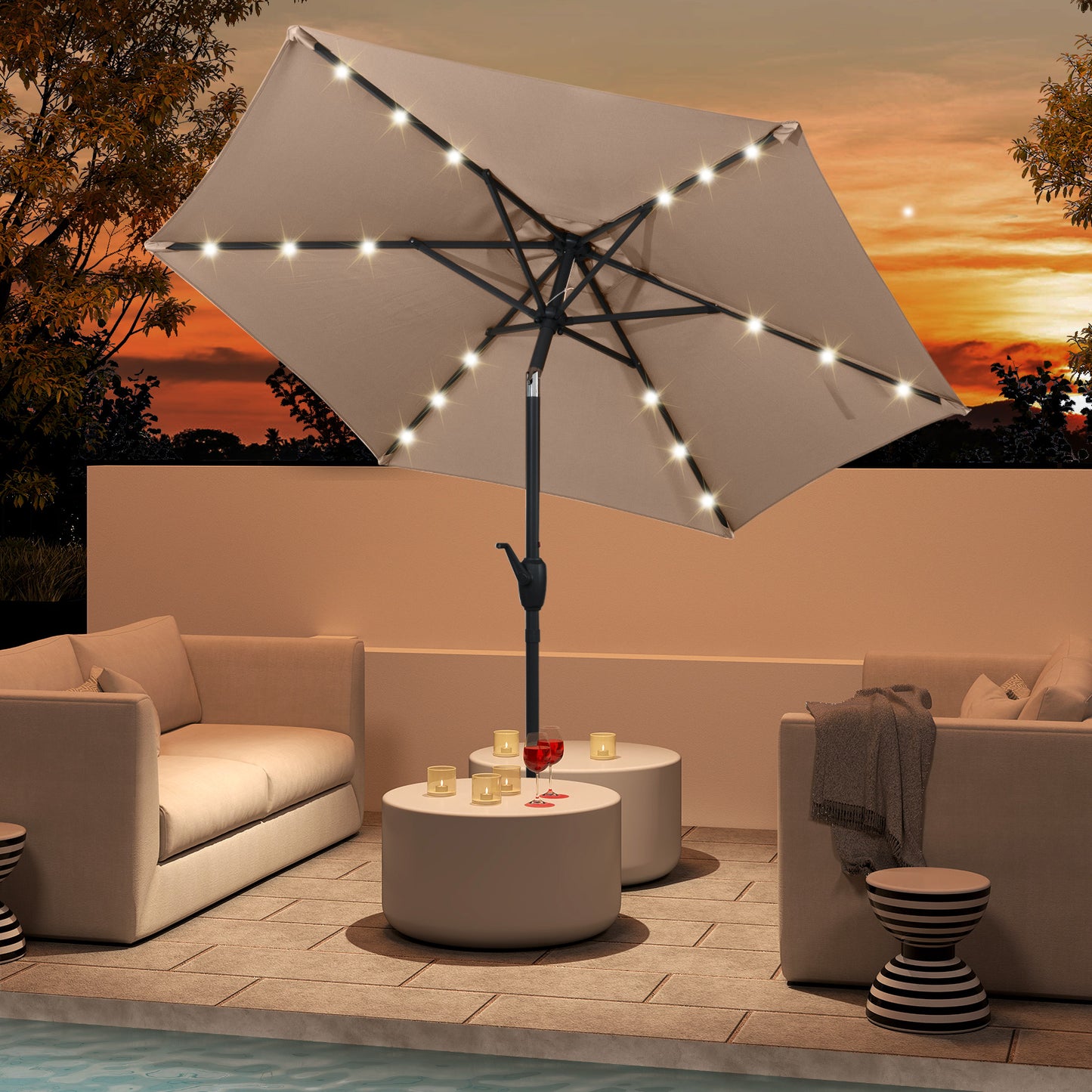 7.5 Feet Solar Powered Patio Umbrella with LED Lights and Crank Handle-Tan