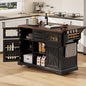 54.9" Kitchen Island with Drop Leaf, Power Outlet, Kitchen Storage Cart with 4 Door Shelves, Cross Barn Doors & Visual Glass Door, Rolling Kitchen Island on 4 Wheels for Kitchen, Dining Room,Black