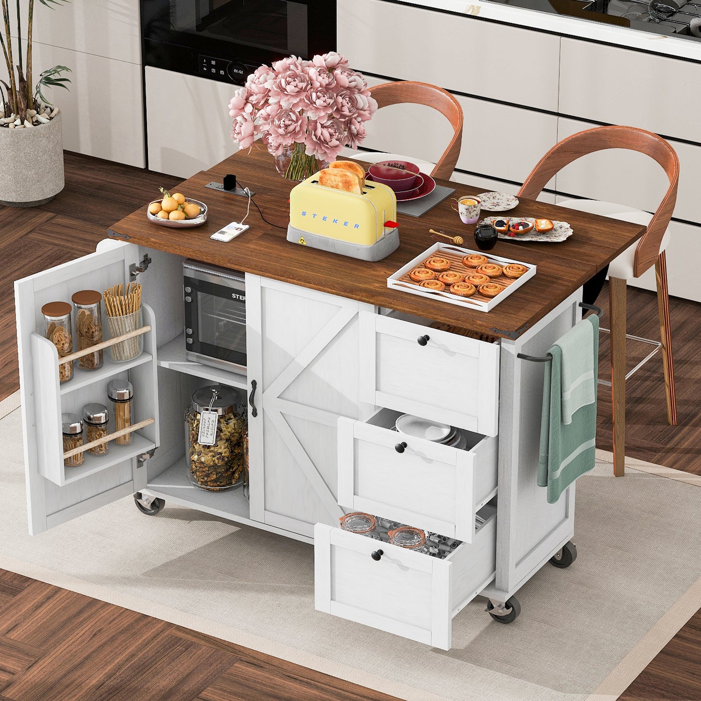 54.5" Farmhouse Kitchen Island with Power Outlet, Kitchen Storage Island  with Internal Storage Rack, Drop Leaf, Spice Rack, Rolling Kitchen Cart on Wheels, for Home, Kitchen and Dining Room,White