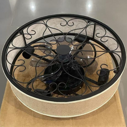 20 Inch Caged Ceiling Fans with Lights Flush Mount,Low Profile Fabric Farmhouse Bladeless Ceiling Fan with Remote, Farmhouse White Ceiling Fan for Bedroom,6 Speeds Reversible Silent Fandalier