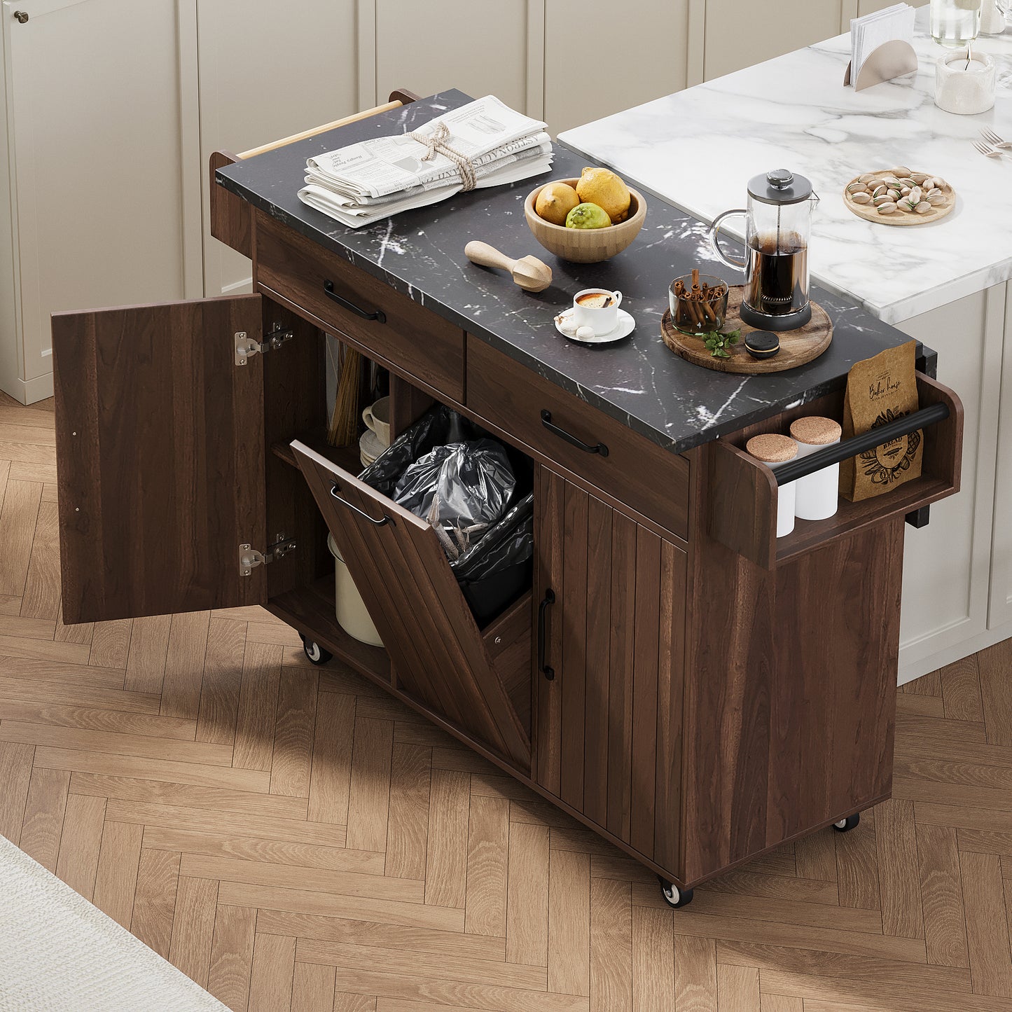 Kitchen Island with Trash Can Storage Cabinet, Kitchen Cart with Drop Leaf, Spice Rack, Towel Rack and Drawer, Rolling Kitchen Island on Wheels with Adjustable Shelf, Walnut Brown