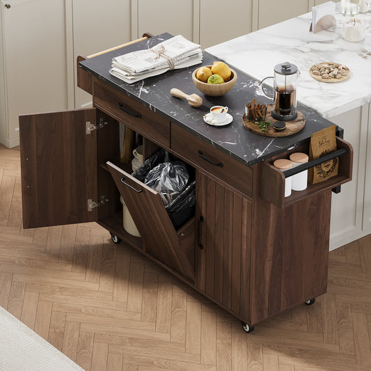 Kitchen Island with Trash Can Storage Cabinet, Kitchen Cart with Drop Leaf, Spice Rack, Towel Rack and Drawer, Rolling Kitchen Island on Wheels with Adjustable Shelf, Walnut Brown