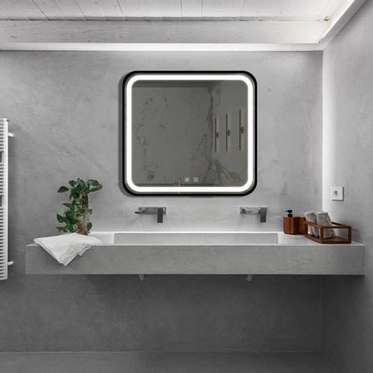 32*32inch Bathroom Led Classy Vanity Mirror with focused backplane,Black aluminum alloy frame,High Lumen,Dimmable Touch,Wall Switch Control, Anti-Fog ,CRI 95 Adjustable 3000K-4500K-6000K ,IP54 Waterpr