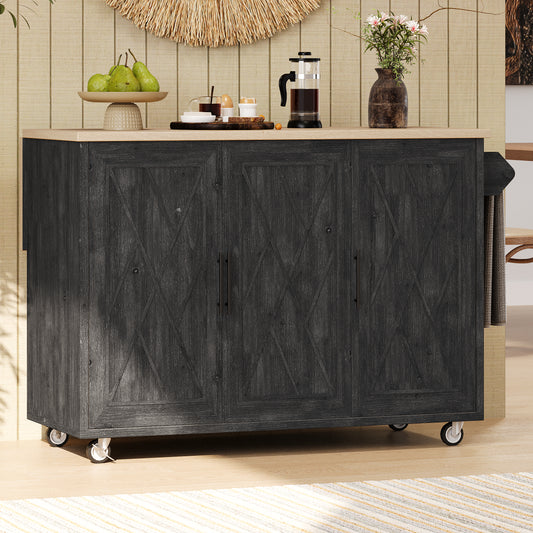 51.2"W Geometric Twill Stripe Textured Design Kitchen Island with Drop Leaf, Farmhouse Kitchen Island on Wheels with Internal Storage Rack, Rolling Kitchen Cart with Towel Rack for Kitchen, Black