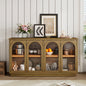 4-Door Large Storage Buffet Cabinet with Glass Doors, Arched Cabinet with Adjustable Shelves for Kitchen, Dining Room and Living Room (Old Pine)