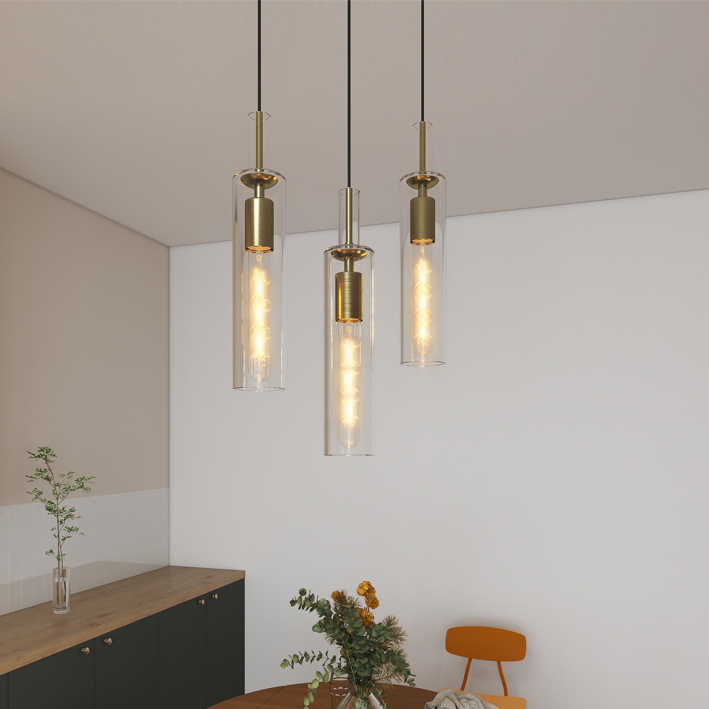 Gold Pendant Light Fixtures, 3 Pack Modern Pendant Lighting with Clear Striped Glass Shade, Hanging Pendant Lights Kitchen Island, Farmhouse Pendant Lighting for Dining Room Bedroom Bathroom