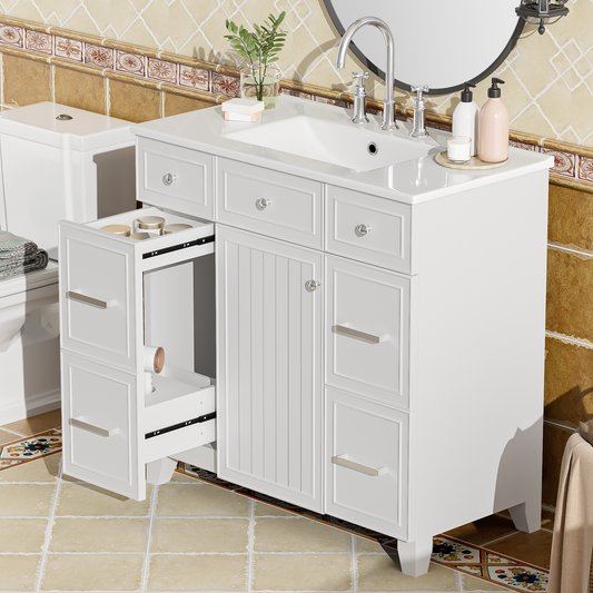 36" Bathroom Vanity with Ceramic Sink, White, Solid Wood Frame, Soft Close Doors, Adjustable Shelves, 3 Drawers ,Including Double-Depth Drawer for Hairdryer Storage