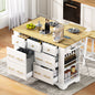 Kitchen Island with 6 Drawers, Pull Out Trash Can Storage, Rolling Kitchen Island on 5 Wheels with Drop Leaf, Power Outlet, 5 Open Side Racks for Kitchen, Dining Room, White