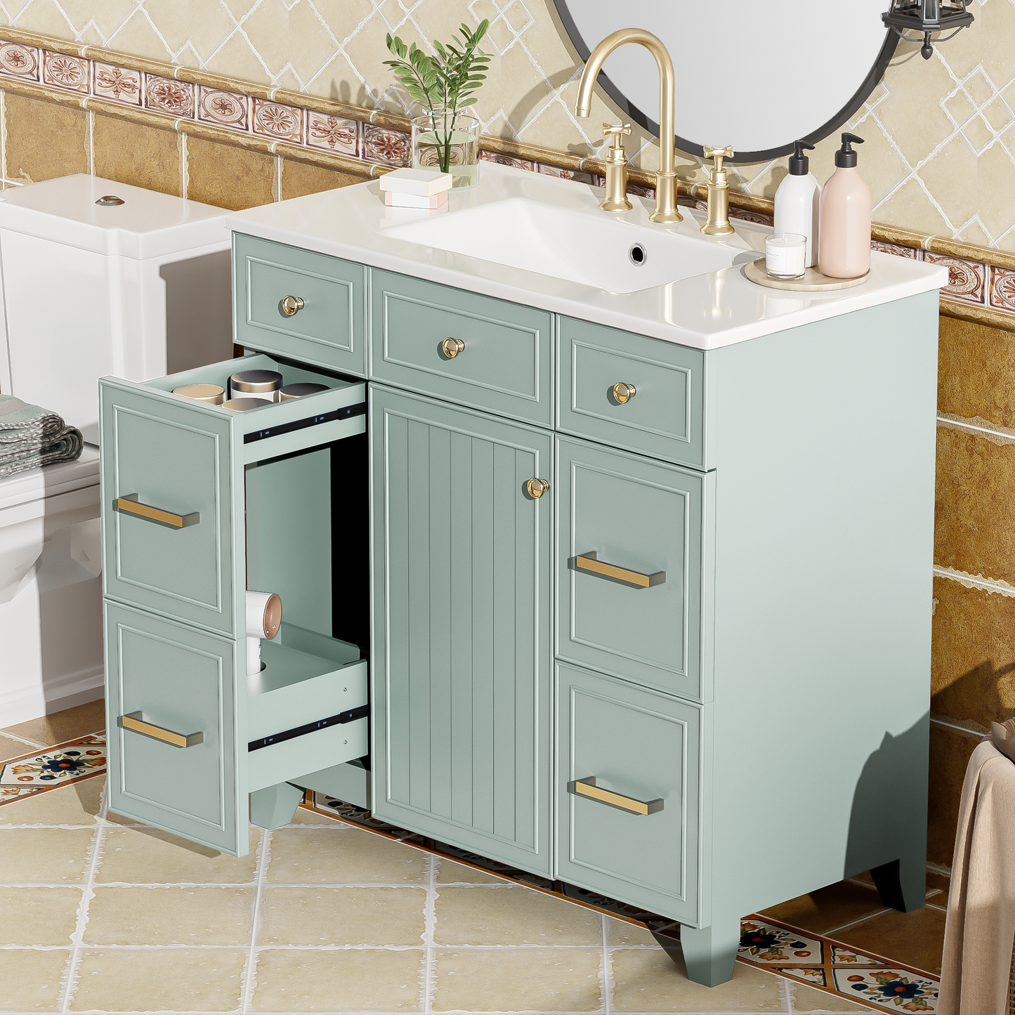 36" Bathroom Vanity with Ceramic Sink, Green, Solid Wood Frame, Soft Close Doors, Adjustable Shelves, 3 Drawers ,Including Double-Depth Drawer for Hairdryer Storage