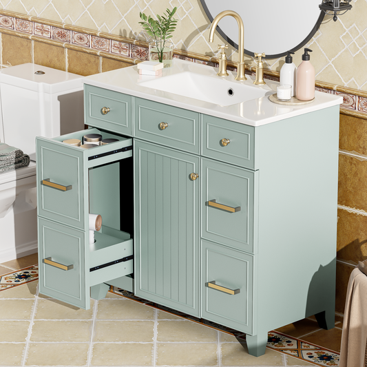 36" Bathroom Vanity with Ceramic Sink, Green, Solid Wood Frame, Soft Close Doors, Adjustable Shelves, 3 Drawers ,Including Double-Depth Drawer for Hairdryer Storage