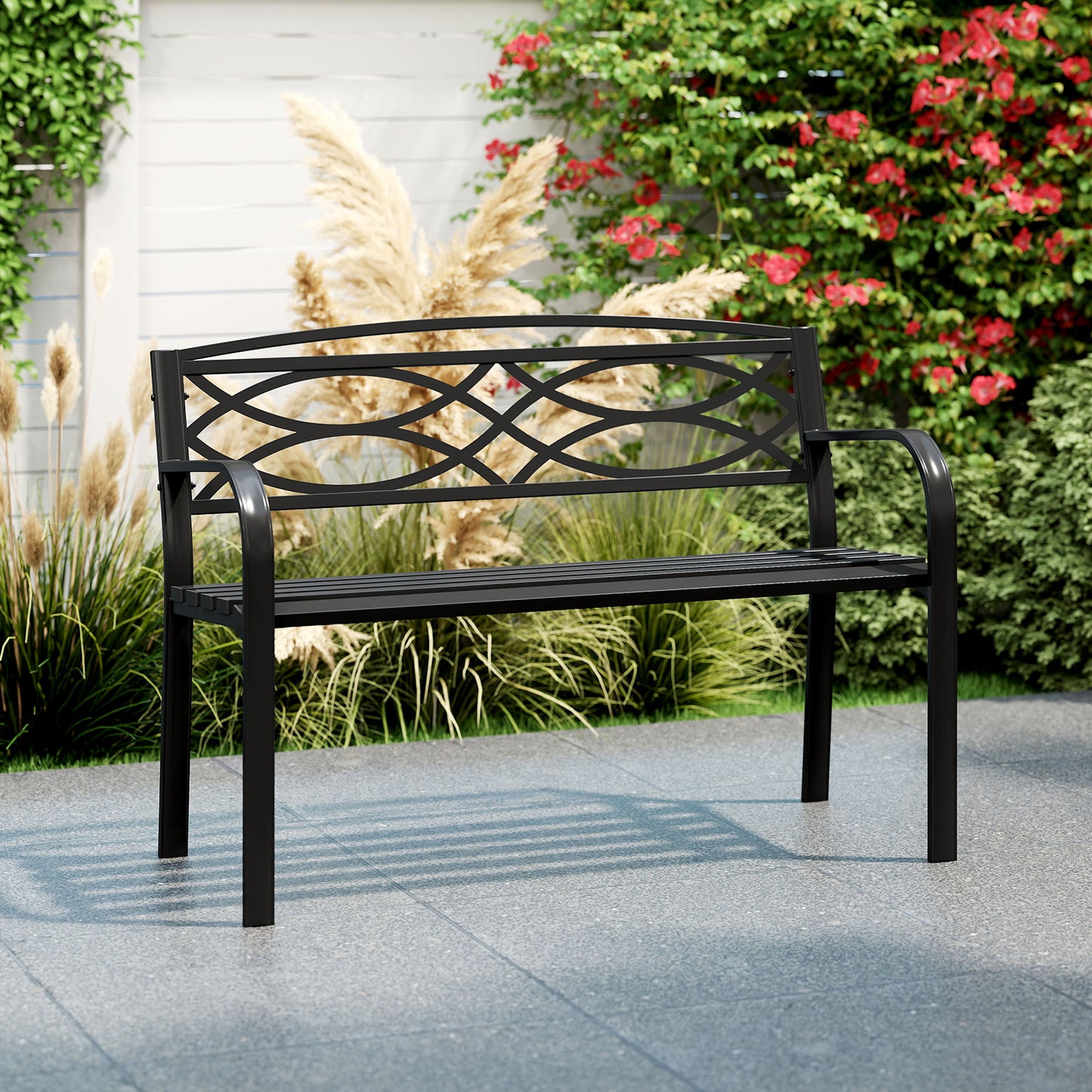 Garden Bench with Curved Armrests and Backrest-Black