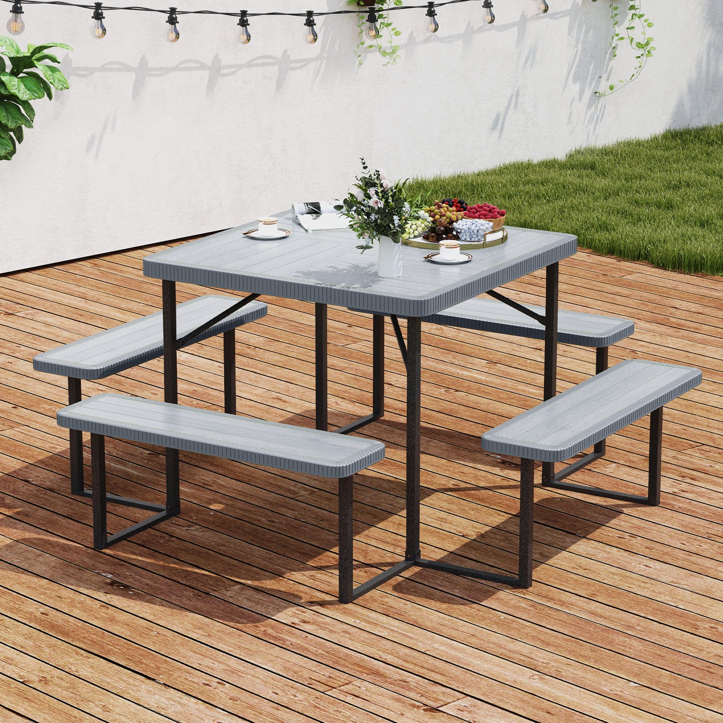 Outdoor Square Picnic Table Bench Set for 4-8 People with Umbrella Hole-Gray