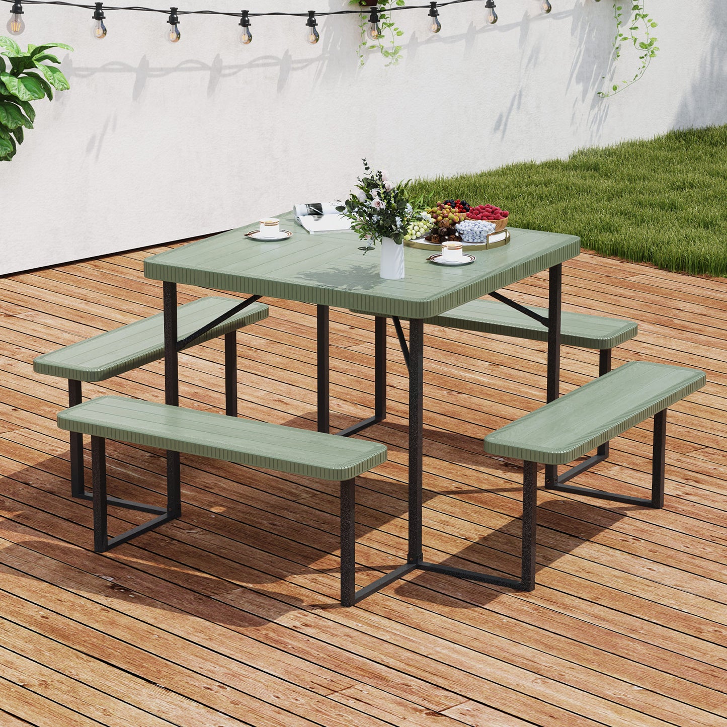 Outdoor Square Picnic Table Bench Set for 4-8 People with Umbrella Hole-Green