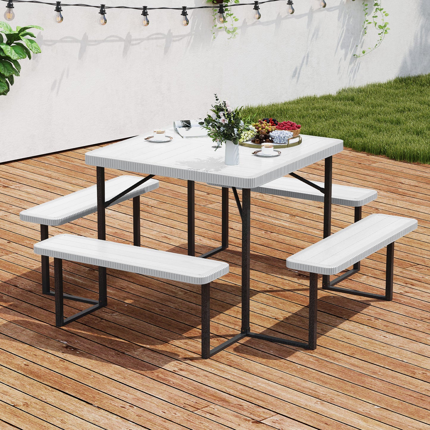 Outdoor Square Picnic Table Bench Set for 4-8 People with Umbrella Hole-White
