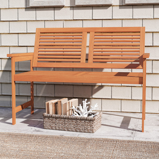 Outdoor Wooden Bench 2-Person Patio Bench with Slatted Backrest and Seat
