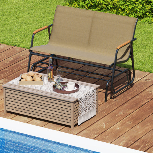 Patio Glider Bench with Curved Teak Armrests and Breathable Fabric Seat for 2 People-Brown