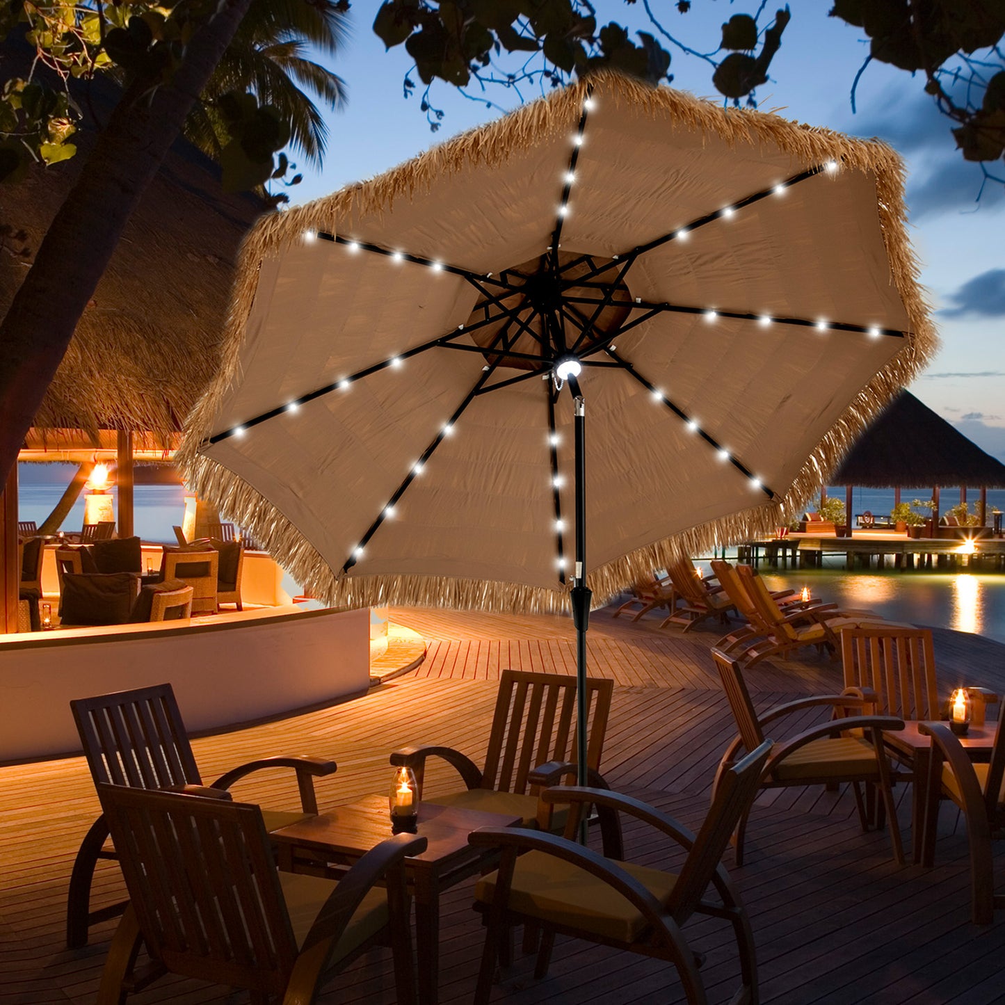 10 Feet Hawaiian Style Solar Lighted Thatched Tiki Patio Umbrella