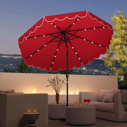 9.3 Feet Solar Patio Umbrella with 24 LED Lights Vented Top and Ruffles-Red