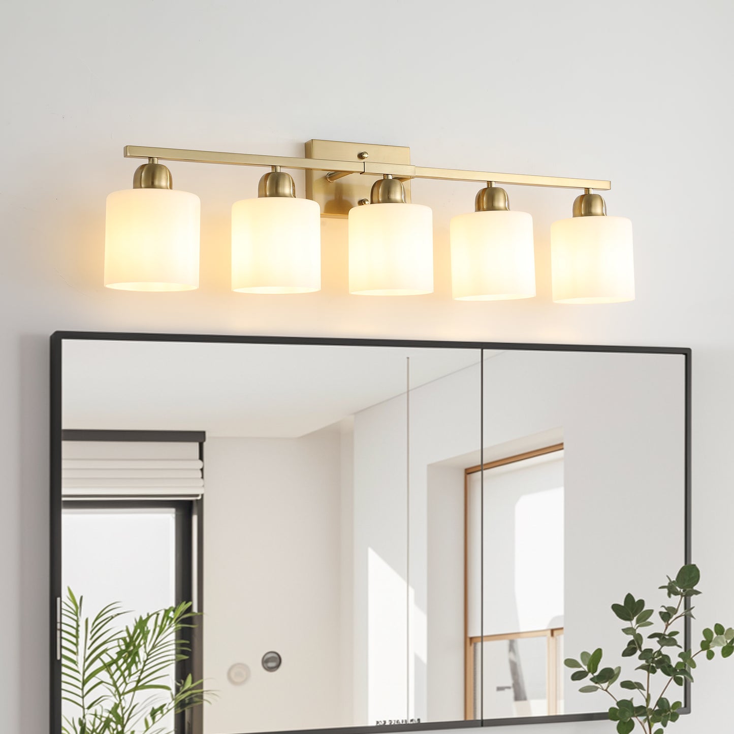 Gold Bathroom Light Fixtures, 5-Light Modern Vanity Light Over Mirror, Wall Sconces with Milky White Frosted Glass Shades, E26 Socket (Bulbs Not Included)