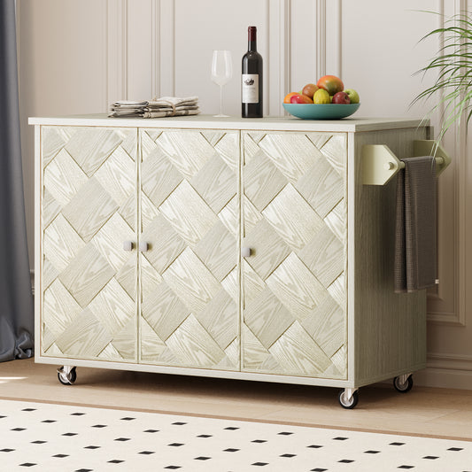 51.2"W Ash Veneer (Not Cheap Paper) Solid Wood Handwoven Kitchen Island with Drop Leaf, Coastal Kitchen Island on Wheels with Internal Storage Rack, Rolling Kitchen Cart, Champagne