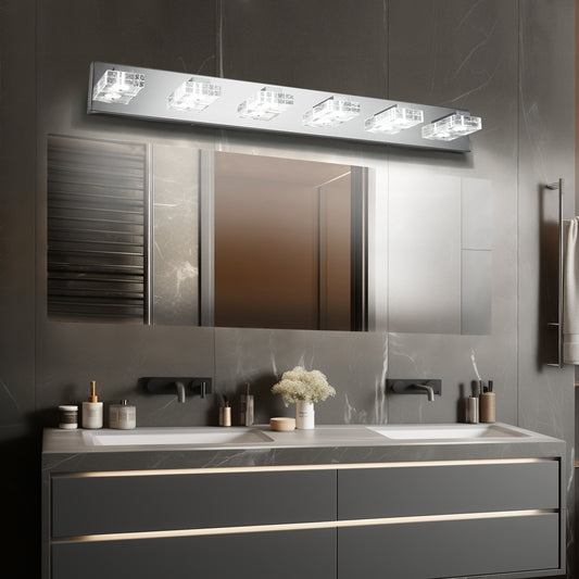 38" Modern Chrome 6-Light LED Vanity Light, Square Acrylic Lampshades Wall Mount Fixture for Bathroom, Mirror Lighting