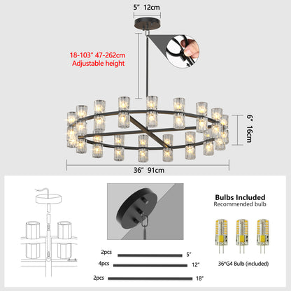 36 Inches Luxury Chandeliers Crystal Living Room Decorative Lights Simple Modern Dining Room LED Lighting,for Home Decor (Bulbs Included)