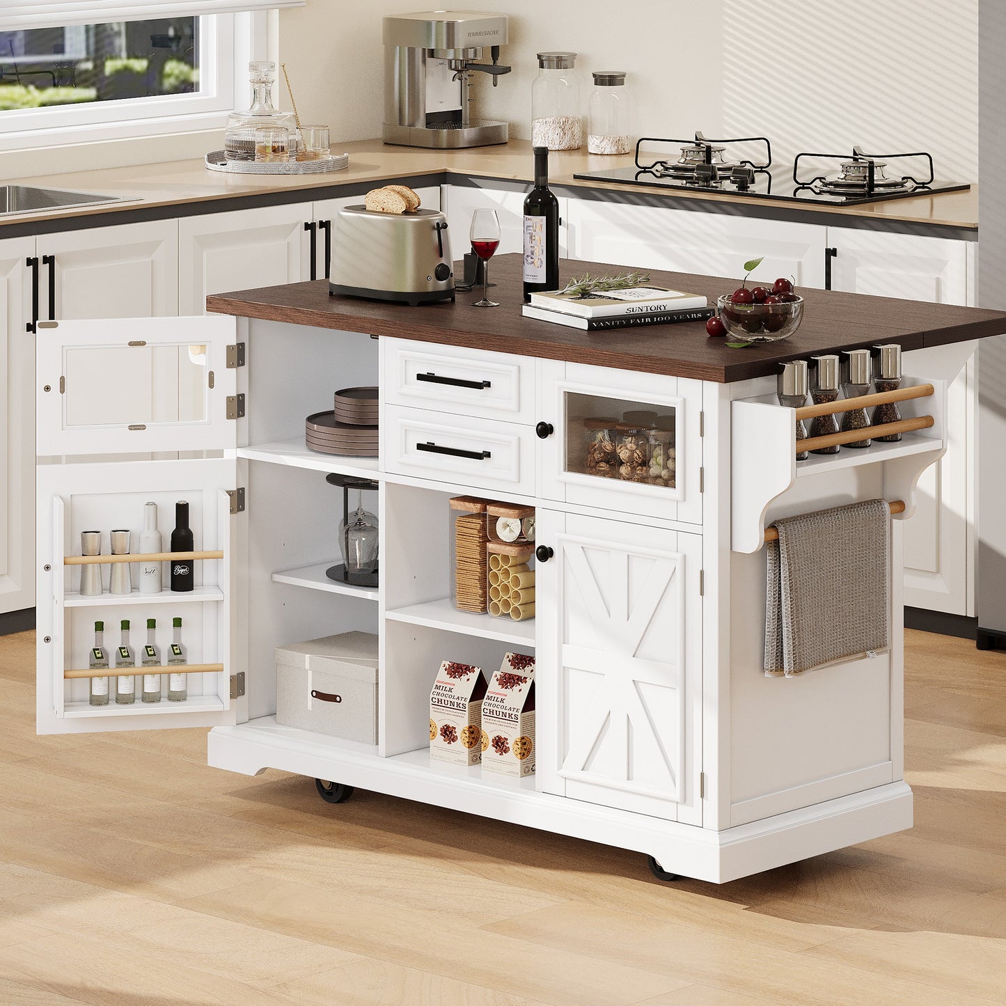 54.9" Kitchen Island with Drop Leaf, Power Outlet, Kitchen Storage Cart with 4 Door Shelves, Cross Barn Doors & Visual Glass Door, Rolling Kitchen Island on 4 Wheels for Kitchen, Dining Room,White