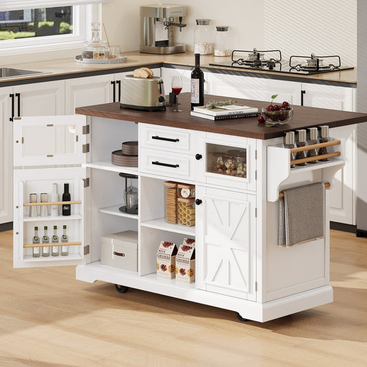 54.9" Kitchen Island with Drop Leaf, Power Outlet, Kitchen Storage Cart with 4 Door Shelves, Cross Barn Doors & Visual Glass Door, Rolling Kitchen Island on 4 Wheels for Kitchen, Dining Room,White