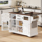 54.9" Kitchen Island with Drop Leaf, Power Outlet, Kitchen Storage Cart with 4 Door Shelves, Cross Barn Doors & Visual Glass Door, Rolling Kitchen Island on 4 Wheels for Kitchen, Dining Room,White