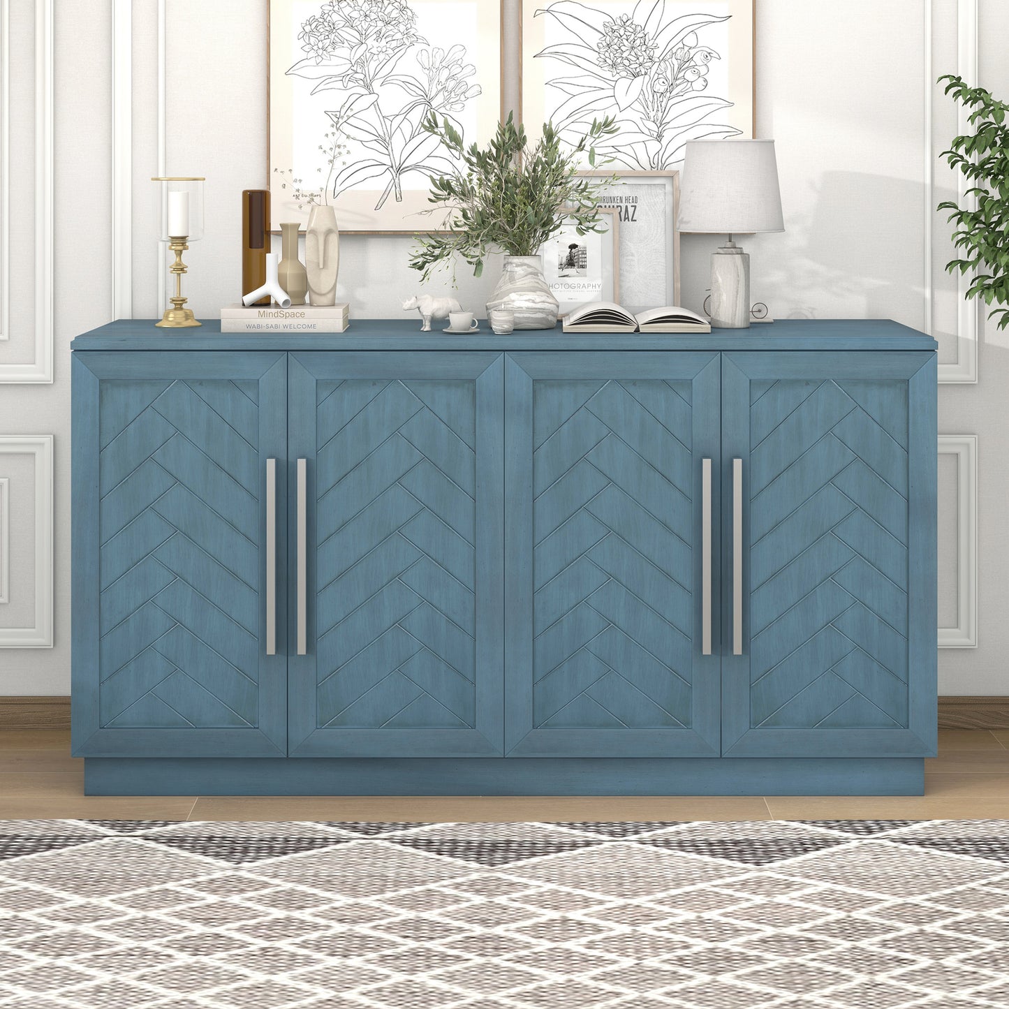 Sideboard Buffet Cabinet with Storage, Buffet Cabinet with Adjustable Shelves and Silver Handles Sideboard Cabinet for Kitchen, Dining Room, Living Room, Antique Blue