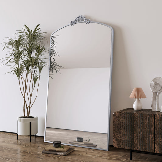 Full Length Mirror 36x66 Inch Vintage Ornate Arched Floor Mirror Metal Framed Mirror Dressing Mirror Oversized Wall Mirror, for Entryway, Living Room, Bedroom, Clothing Shop,  Antique Silver