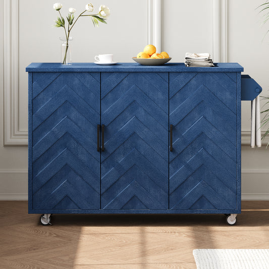 51.2"W 3D Wave Stripes Ash Veneer(Not Cheap Paper) Kitchen Island with Drop Leaf, Farmhouse Kitchen Island on Wheels with Internal Storage Rack, Rolling Kitchen Cart (Navy Blue)