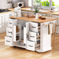 56 inch Kitchen Island with Rubber Wood Veneer Drop Leaf, Power Outlet, 4 Door Shelves, Embossed Vertical Stripe Rolling Kitchen Cart on 4 Wheels with 6 Deep Drawers for Kitchen, Dining Room,White