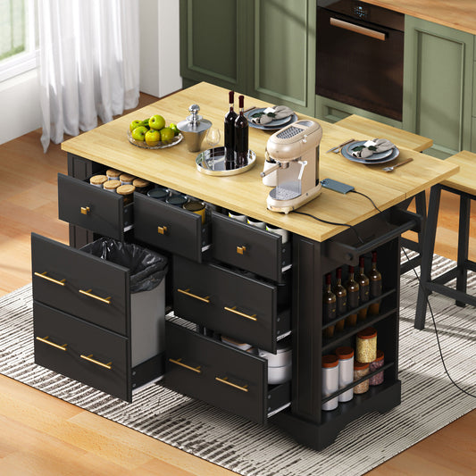 Kitchen Island with 6 Drawers, Pull Out Trash Can Storage, Rolling Kitchen Island on 5 Wheels with Drop Leaf, Power Outlet, 5 Open Side Racks for Kitchen, Dining Room, Black