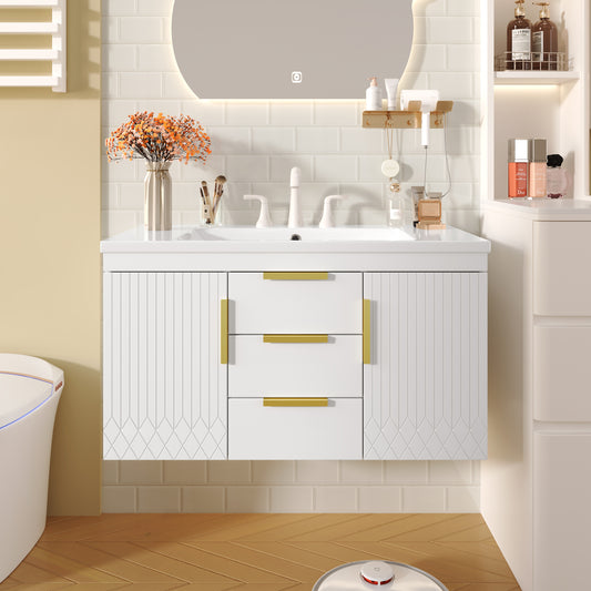 36'' Wall Mounted Bathroom Vanity, Floating Bathroom Storage Cabinet with 2 Drawers, Solid Wood Bathroom Cabinet